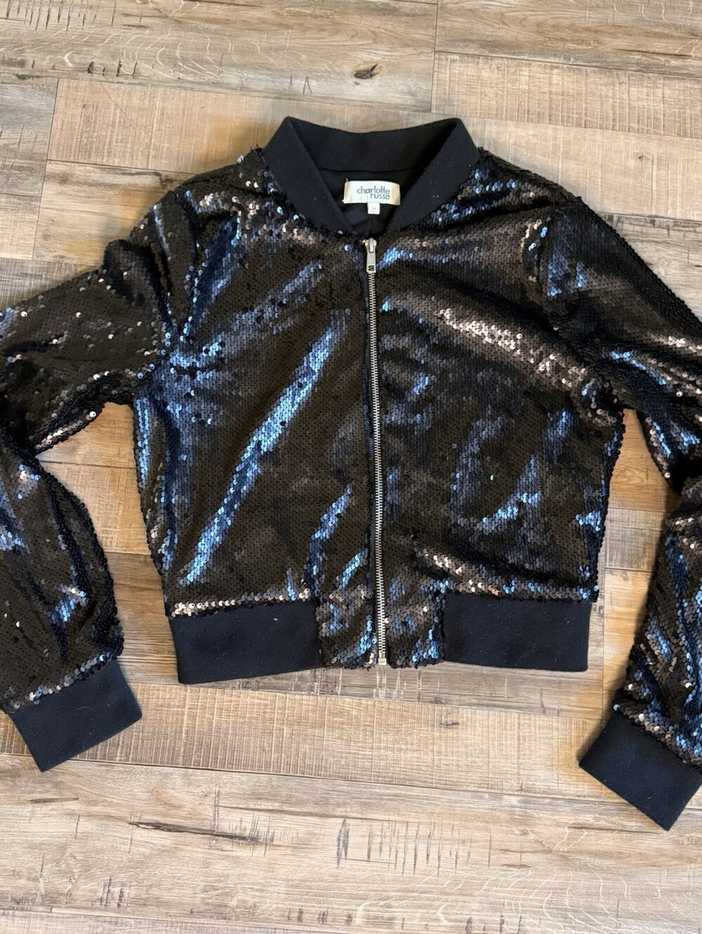 Charlotte Russe Black Sz M Sequin Bomber Jacket‎ Y2K Indie Sleaze Party Glam